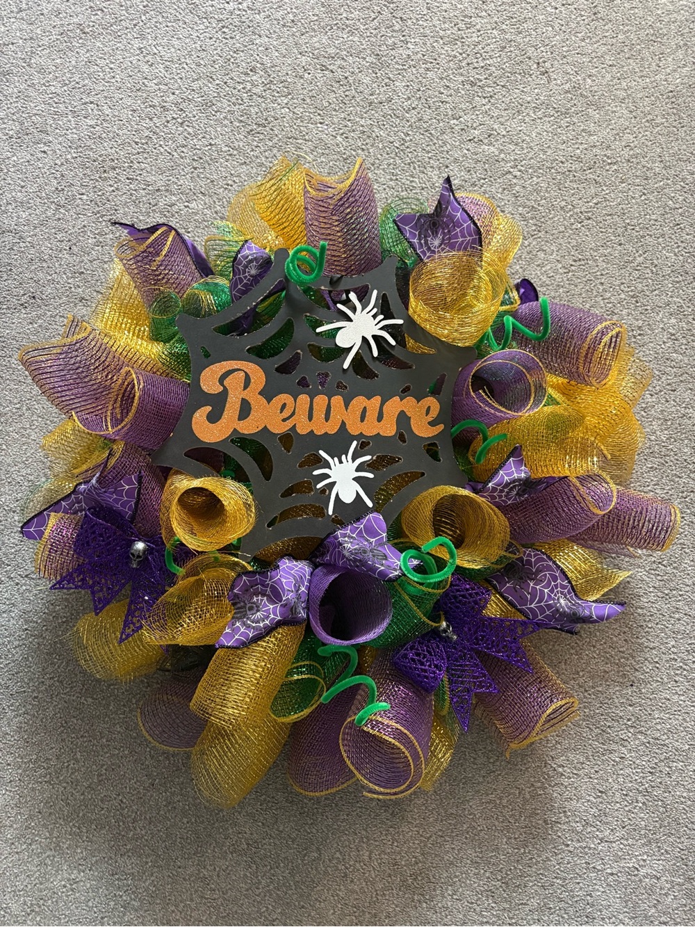 Hand Crafted Purple, yellow & Green Mesh Holiday Wreath